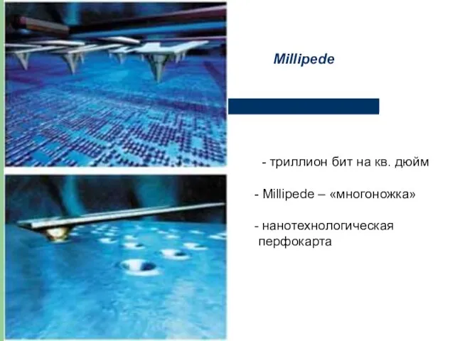 - триллион бит на кв. дюйм Millipede – «многоножка» нанотехнологическая перфокарта Millipede