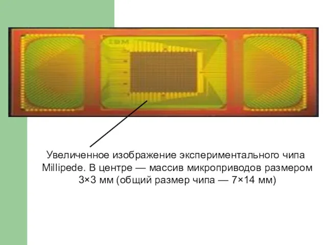 Увеличенное изображение экспериментального чипа Millipede. В центре — массив микроприводов размером 3×3