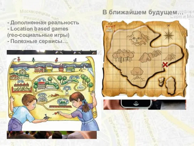 В ближайшем будущем… - Дополненная реальность - Location based games (гео-социальные игры) - Полезные сервисы…