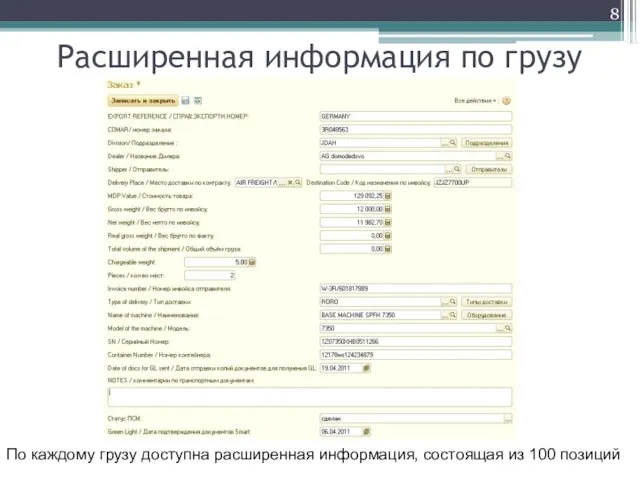 Расширенная информация по грузу По каждому грузу доступна расширенная информация, состоящая из 100 позиций