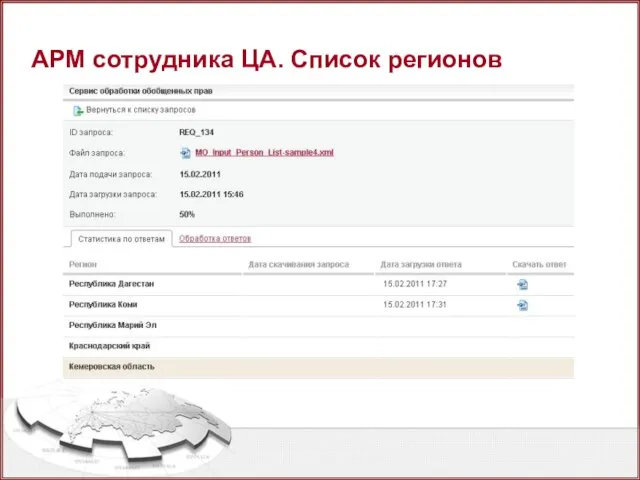 АРМ сотрудника ЦА. Список регионов
