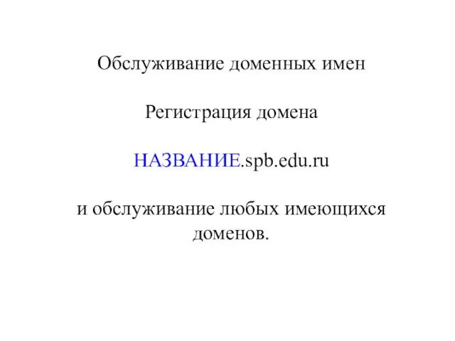 Обслуживание доменных имен Регистрация домена НАЗВАНИЕ.spb.edu.ru и обслуживание любых имеющихся доменов.
