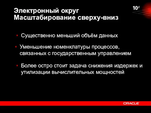 Электронный округ Масштабирование сверху-вниз Существенно меньший объём данных Уменьшение номенклатуры процессов, связанных