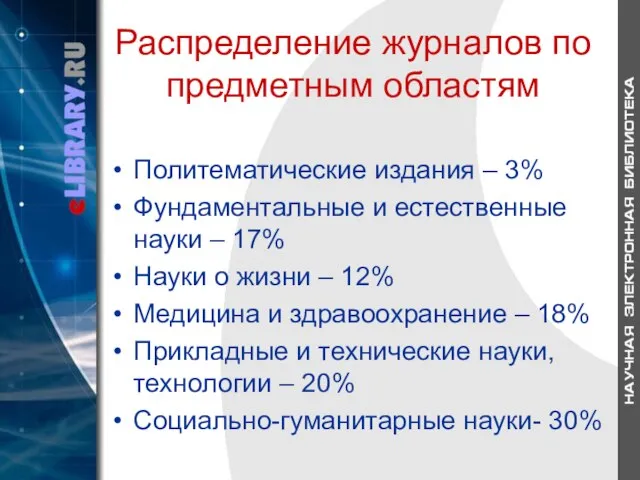 Распределение журналов по предметным областям Политематические издания – 3% Фундаментальные и естественные