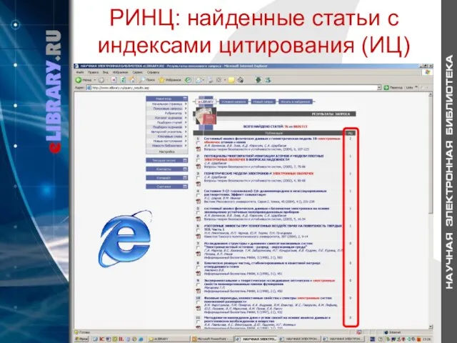 РИНЦ: найденные статьи с индексами цитирования (ИЦ)