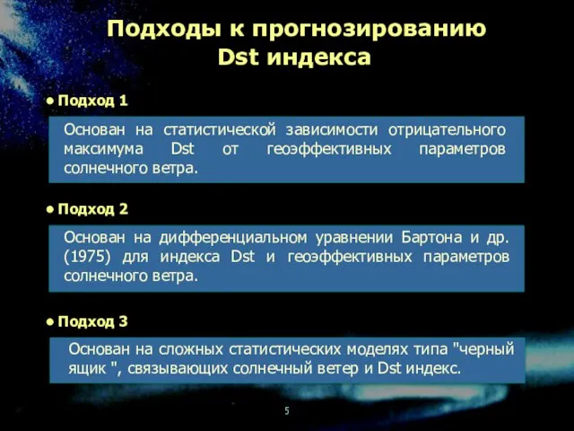 Подходы к прогнозированию Dst индекса Основан на статистической зависимости отрицательного максимума Dst