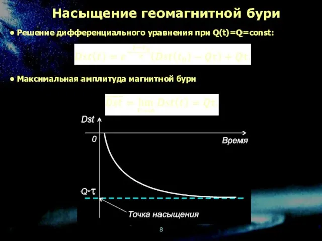 Насыщение геомагнитной бури Решение дифференциального уравнения при Q(t)=Q=const: Максимальная амплитуда магнитной бури