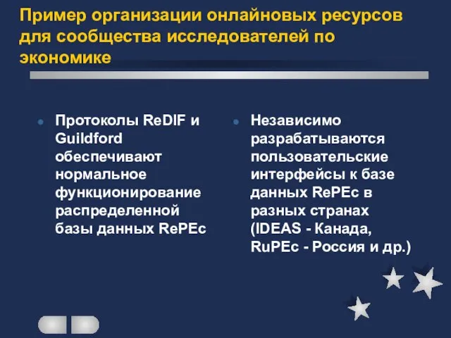 Пример организации онлайновых ресурсов для сообщества исследователей по экономике Протоколы ReDIF и