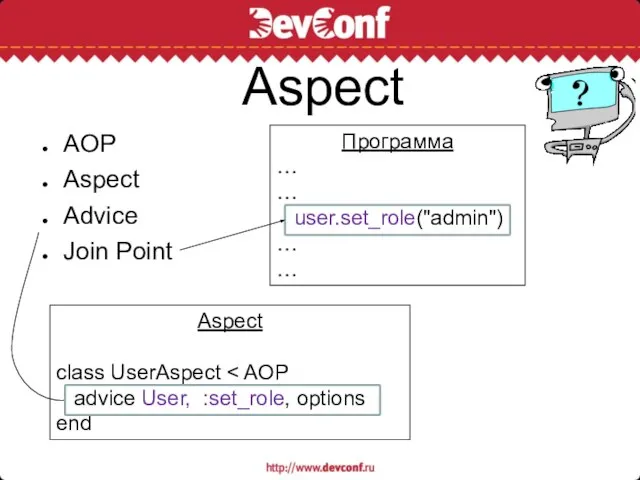 Aspect AOP Aspect Advice Join Point Программа … … user.set_role("admin") … …