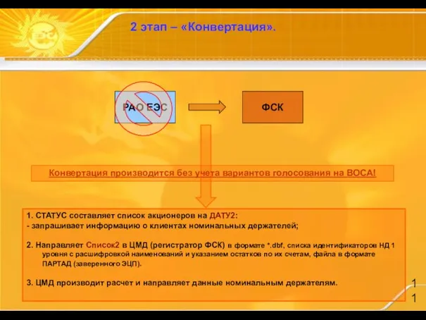 2 этап – «Конвертация». 1. СТАТУС составляет список акционеров на ДАТУ2: -