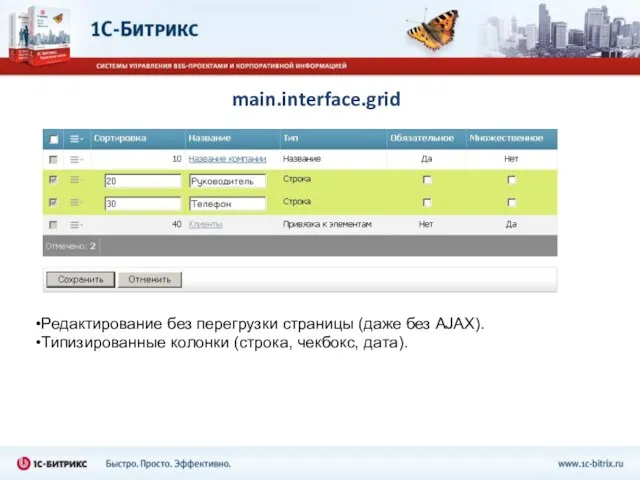 main.interface.grid Редактирование без перегрузки страницы (даже без AJAX). Типизированные колонки (строка, чекбокс, дата).