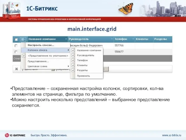 main.interface.grid Представление – сохраненная настройка колонок, сортировки, кол-ва элементов на странице, фильтра