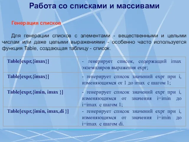 Работа со списками и массивами Генерация списков Для генерации списков с элементами