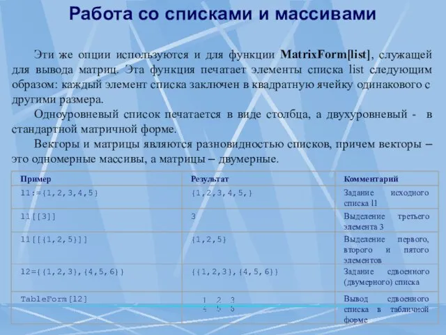 Работа со списками и массивами Эти же опции используются и для функции