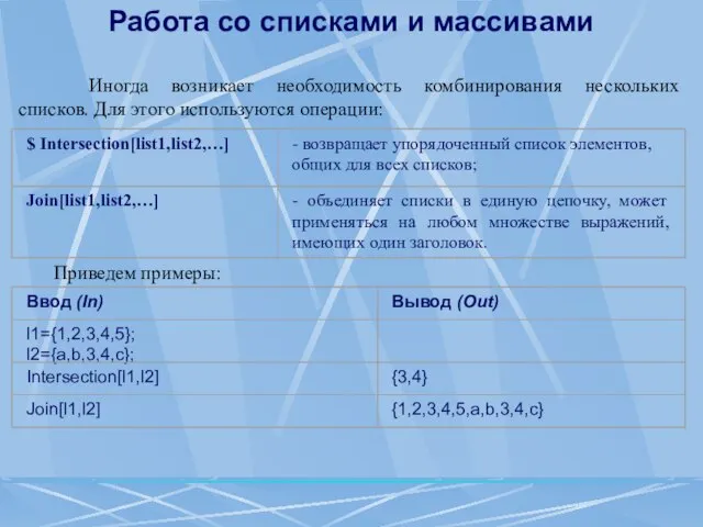 Работа со списками и массивами Иногда возникает необходимость комбинирования нескольких списков. Для