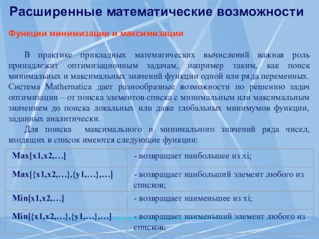 Расширенные математические возможности Функции минимизации и максимизации В практике прикладных математических вычислений