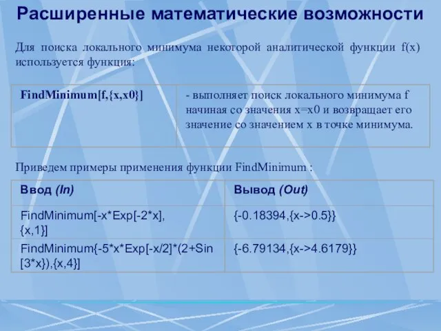 Расширенные математические возможности Для поиска локального минимума некоторой аналитической функции f(x) используется