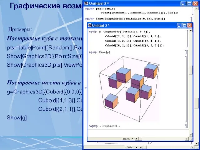 Графические возможности пакета Mathematica Примеры: Построение куба с точками pts=Table[Point[{Random[],Random[],Random[]}],{25}]; Show[Graphics3D[{PointSize[0.014],pts}]] Show[Graphics3D[pts],ViewPoint->{8,2,2}]