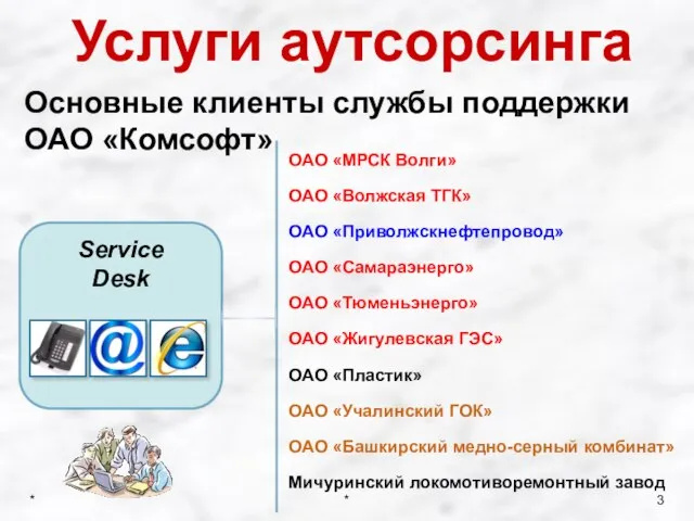 Услуги аутсорсинга Основные клиенты службы поддержки ОАО «Комсофт» ОАО «МРСК Волги» ОАО