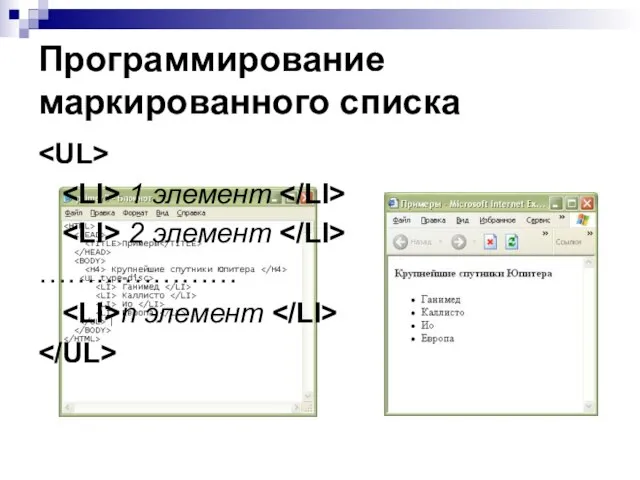 Программирование маркированного списка 1 элемент 2 элемент ………………… n элемент