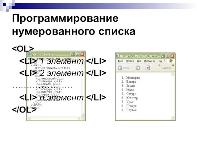 Программирование нумерованного списка 1 элемент 2 элемент ………………… n элемент