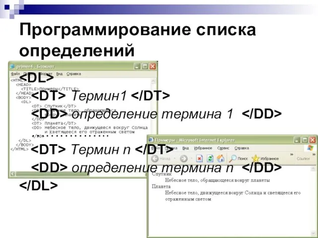 Программирование списка определений Термин1 определение термина 1 …………….. Термин n определение термина n