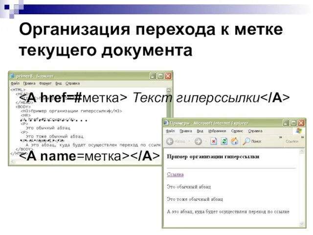 Организация перехода к метке текущего документа Текст гиперссылки …………… ……….