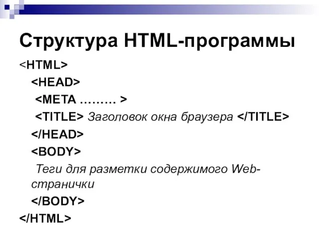 Структура HTML-программы Заголовок окна браузера Теги для разметки содержимого Web-странички