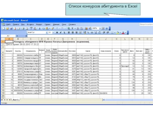 Список конкурсов абитуриента в Excel