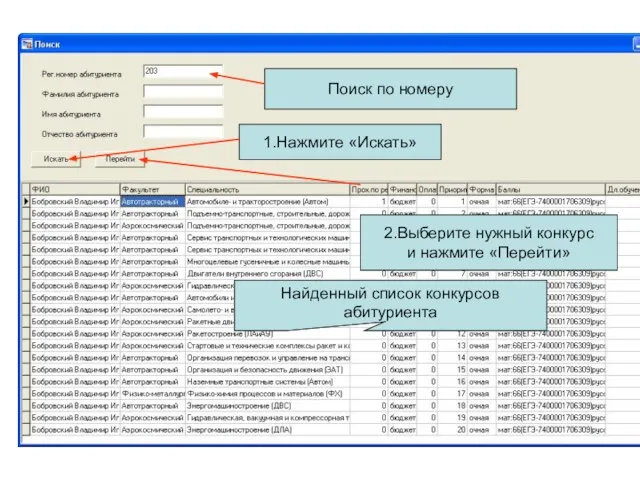 Поиск по номеру 1.Нажмите «Искать» Найденный список конкурсов абитуриента 2.Выберите нужный конкурс и нажмите «Перейти»