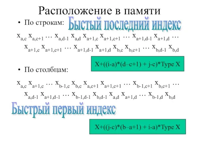 Расположение в памяти По строкам: xa,c xa,c+1 … xa,d-1 xa,d xa+1,c xa+1,c+1