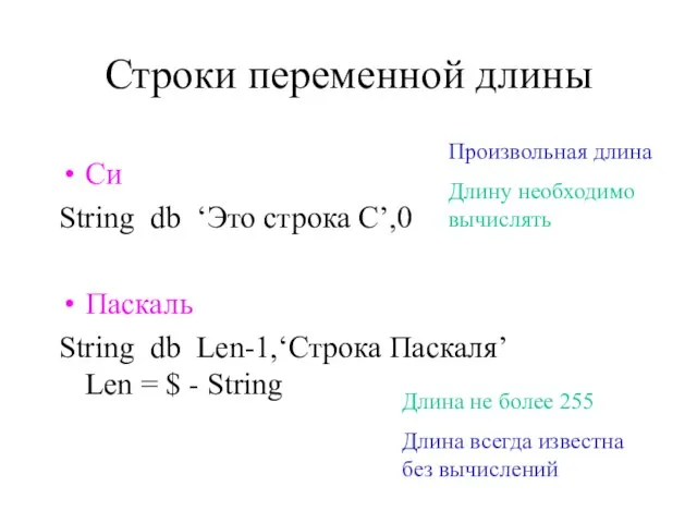 Строки переменной длины Си String db ‘Это строка С’,0 Паскаль String db