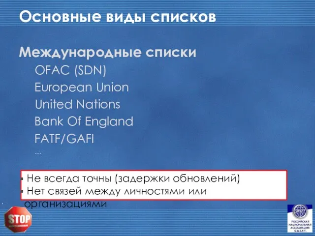 Основные виды списков Международные списки OFAC (SDN) European Union United Nations Bank