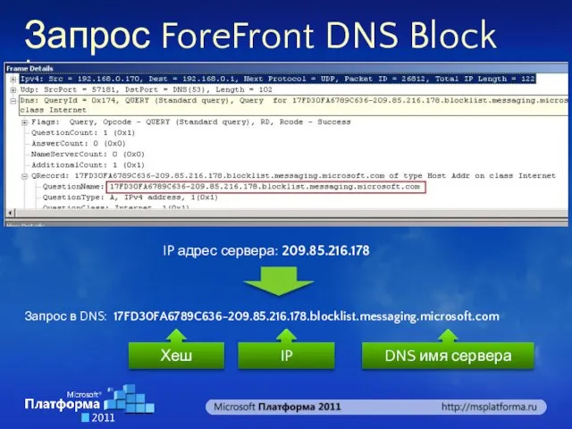 Запрос ForeFront DNS Block list IP адрес сервера: 209.85.216.178 Запрос в DNS: