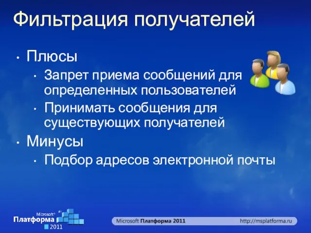 Фильтрация получателей Плюсы Запрет приема сообщений для определенных пользователей Принимать сообщения для