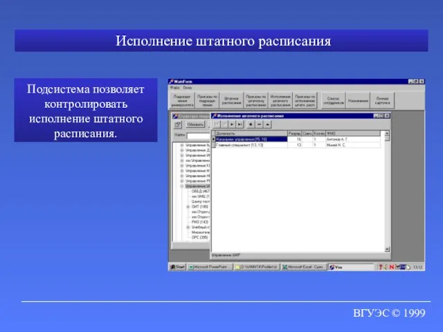 ВГУЭС © 1999 Исполнение штатного расписания Подсистема позволяет контролировать исполнение штатного расписания.