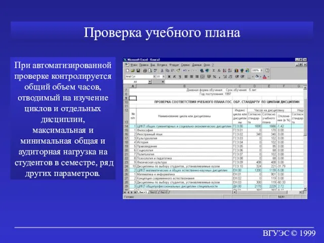 ВГУЭС © 1999 Проверка учебного плана При автоматизированной проверке контролируется общий объем