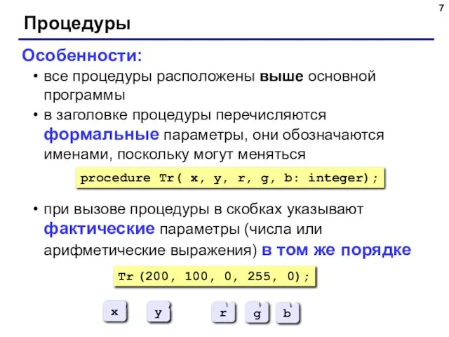 Процедуры Особенности: все процедуры расположены выше основной программы в заголовке процедуры перечисляются