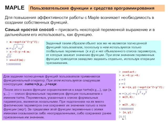 MAPLE Пользовательские функции и средства программирования Для повышения эффективности работы с Maple