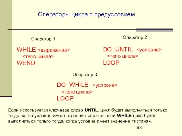 WHILE WEND Операторы цикла с предусловием Оператор 1 Оператор 2 DO UNTIL
