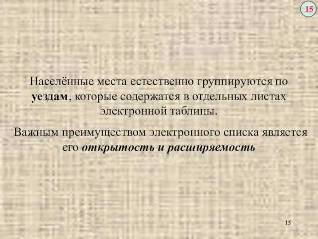 Населённые места естественно группируются по уездам, которые содержатся в отдельных листах электронной