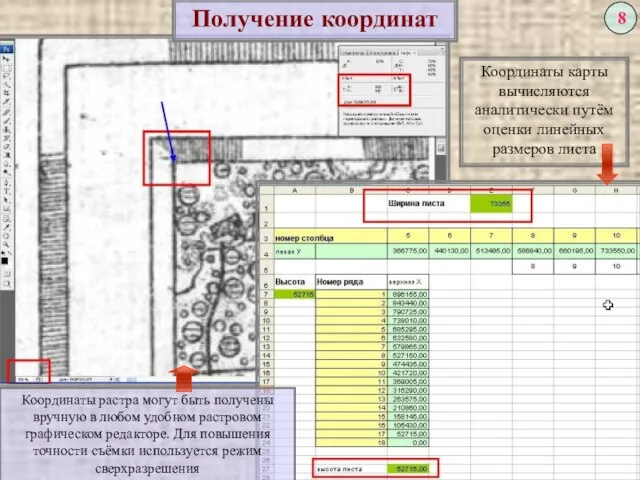 Получение координат Координаты карты вычисляются аналитически путём оценки линейных размеров листа Координаты