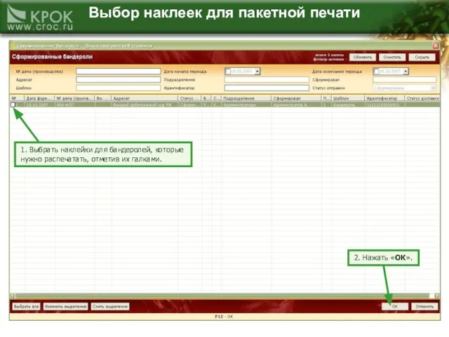 1. Выбрать наклейки для бандеролей, которые нужно распечатать, отметив их галками. 2.