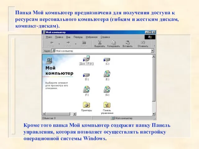 Папка Мой компьютер предназначена для получения доступа к ресурсам персонального компьютера (гибким