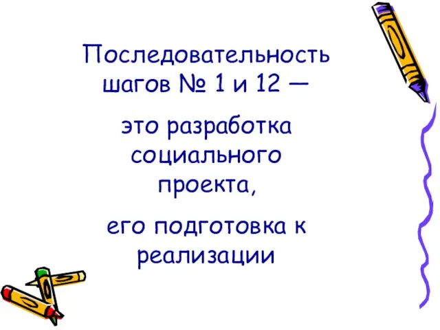 Последовательность шагов № 1 и 12 — это разработка социального проекта, его подготовка к реализации