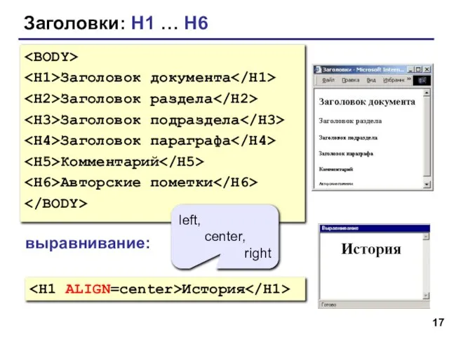 Заголовки: H1 … H6 Заголовок документа Заголовок раздела Заголовок подраздела Заголовок параграфа