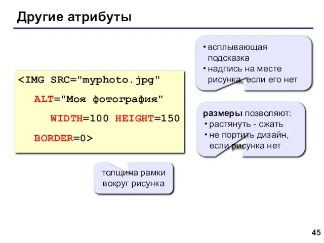 Другие атрибуты всплывающая подсказка надпись на месте рисунка, если его нет размеры