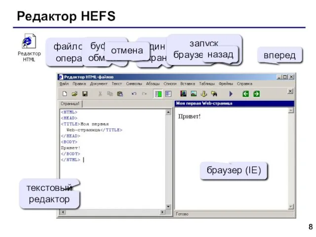 Редактор HEFS файловые операции буфер обмена один экран запуск браузера (F9) назад