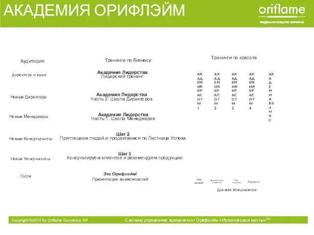 Аудитория АКАДЕМИЯ ОРИФЛЭЙМ Тренинги по бизнесу Тренинги по красоте Гости Новые Директора