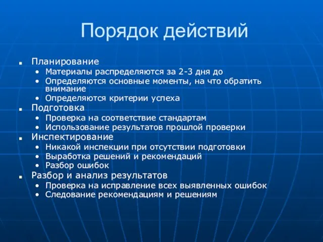 Порядок действий Планирование Материалы распределяются за 2-3 дня до Определяются основные моменты,